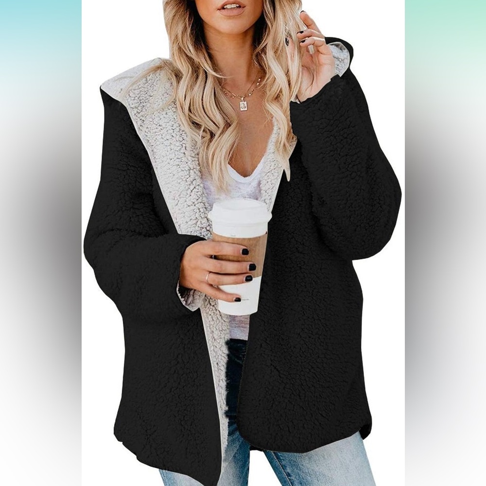 Womens Sherpa Jacket Fleece Jacket with Pockets Open Front Hooded Fuzzy Cardigan